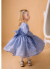 Long Sleeves Blue Glitter V Back Flower Girl Dress